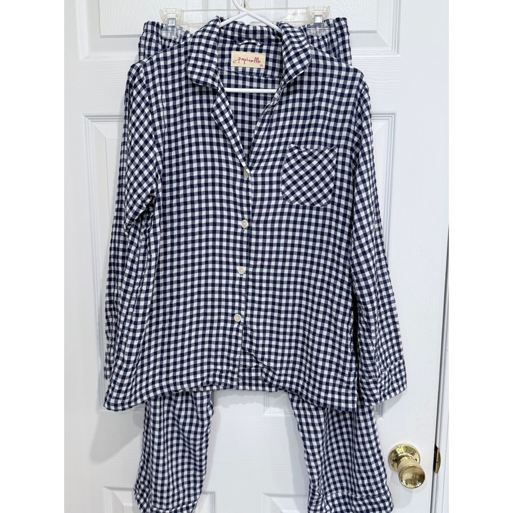 Papinelle Women Blue White Gingham Cotton Viscose Pajama Set Size S Long Sleeve